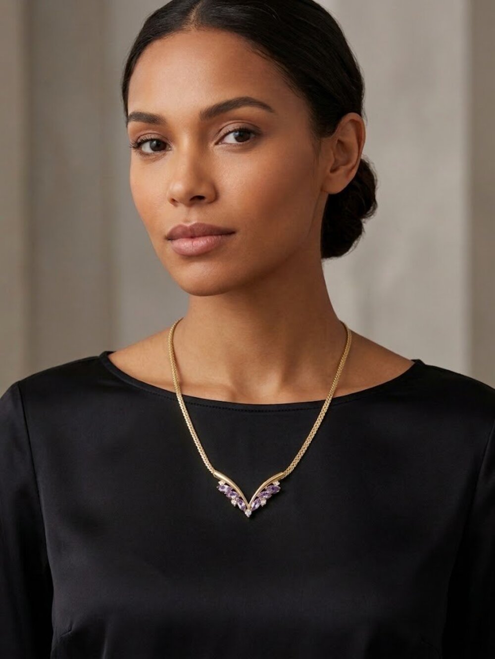 Gold Tone Rope Chain Purple Crystal V Pendant Necklace Elegant Statement
